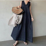 Zjkrl - Literary Denim Tie Back V-Neck Long Dress