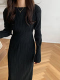 Zjkrl - Simple Pleated Elastic Long-Sleeved Little Black Dress