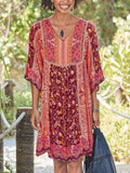 Zjkrl - Half Sleeve Casual Cotton-Blend V Neck Weaving Dress