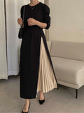 Zjkrl - Elegant Crew Neck Panelled Pleated Knit Lace-Up Dress