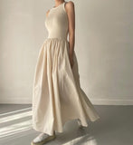 Zjkrl - Elegant Round Neck Waist Slim Pleated Long Dress