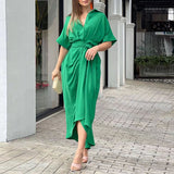 Women Summer Dress Casual Loose Pleated Design Short Sleeve With Button Lapel Lace-Up Solid Shirt Dresses