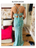Luxury Mint Sequin Slip Lace Up Long Cocktail Party Dress Backless Hollow Out Velvet V Neck Maxi Gown Celebrity Women Summer