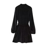New Fashion Women Black Velvet Shirt Dress With Belt Long Sleeve Female Autumn Winter Mini Dress