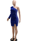 Zjkrl - Elegant Single Shoulder Feather Mini Dress Glitter Long Sleeve Sequins Short Party Dress Birthday Outfits Female Robes