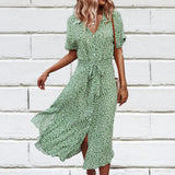 Zjkrl 2023 Summer Puff Sleeve Long Dress Women Elegant Printed V-Neck Maxi Dresses Boho Drawstring Loose Holiday Beach Dress