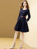 Zjkrl - Dress Women 2023 Spring Navy Blue Bird Lattice Elegant Autumn A-line O-neck Slim With Belt Dresses Casual Vestidos