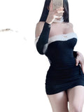 Zjkrl - Cute Loli Tight Mini Dress Strapless Long Sleeve Slim Hip High Waist New Sexy Sweet Spicy Black Elegant Korean  8G3B