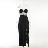 Sexy Black Mesh Patchwork Strapless Corset Maxi DressesWomen 2022 Summer Sleeveless Bodycon Split See Through Party Club Dress