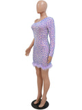 Purple Sequin MIni Bodycon Dress Elegant Women One Shoulder Long Sleeve Feather Short Party Event Evening Cocktail Gowns