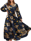 Zjkrl - Elegant Floral Print Women Dress Spring Summer Casual O Neck Long Sleeve Chiffon A Line Long Maxi Dress Party Vestidos