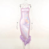 Zjkrl - Elegant Glitter Feather Midi Dress for Women  Fashion Sexy Strapless Sleeveless Backless Bodycon Long Dresses Vestido Clothes