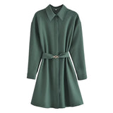 New Women Army Green With Belt Shirt Dress Long Sleeve Lapel Collar Female Autumn Dress Short Vestido