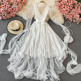 Zjkrl - Autumn Khaki/White Bandage Chiffon Long Dress Sexy Deep V-Neck Sleeveless High Waist Vestidos Vacation Beach Maxi Robe 2023 New