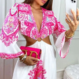 Women Maxi Dress Casual Long Sleeve V Neck Cutout Open Waist Retro Print Beach Party Dresses High Streetwear