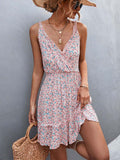 Zjkrl Summer Boho Floral Dress Women V Neck Ruffle Short Dress Party Print Flower Spaghetti Strap Dresses For Women 2023