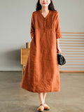 Summer New Women's Cotton and Linen Dress Loose Stitching Solid Color Cotton and Linen V-neck Five-point Sleeve Mid-length