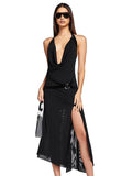 Zjkrl - 2023 Spring Summer New Sexy Spice Girl Strap Hanging Neck Backless High Slit Swing Collar Dress Female Club Party Dress