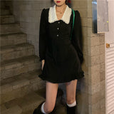 Vintage Black Mini Dress Women French Lace Peter Pan Collar Ruffle Short Dresses Bodycon Wrap Robes 2023 Fashion Autumn