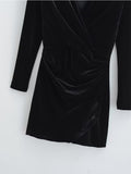 Zjkrl New Spring 2023 Women Long Sleeve V Neck Ruched Velvet Mini Dress Vintage Ladies Sexy Vestido