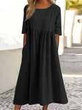 Zjkrl Vintage Dress O-Neck Half Sleeve Solid Dresses Summer Women Mid-Calf Length Robe Female Causal Holiday Sundress Kaftan
