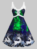 Zjkrl - 5XL Women Vintage Dresses Lace Panel Elk Print 3D Galaxy Christmas Dress Eyelets Mixed High Low Party Dress Vestido
