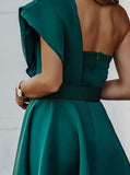 Zjkrl Women Green One Shoulder Flared Party Dress With Belt