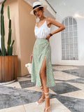 Zjkrl - Green Boho Split Thigh Allover Print Women Skirts Elegant Dresses  Slit Long Length High Waist With Zipper Slight Stretch