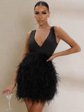 Zjkrl Black Feather Dresses for Women 2023 Spring V-neck Sleeveless Lace-up Backless High Waist Tunics Short Evening Party Dresses