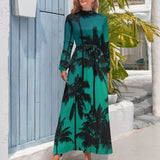 Zjkrl - Hawaii Beach Dress Palm Tree Pirnt Sexy Fashion Maxi Dress High Waist Long Sleeve Street Wear Boho Beach Long Dresses