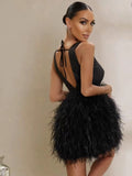 Zjkrl Black Feather Dresses for Women 2023 Spring V-neck Sleeveless Lace-up Backless High Waist Tunics Short Evening Party Dresses