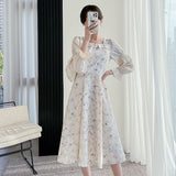 Long Sleeve Embroidery Floral Dress Women Autumn New French Elegant Dress Female Casual Square Collar High Waist Sexy Dresses