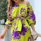 Women Maxi Dress Fashion Slanted Shoulder Long Sleeve Print Lace Up Beach Party Long Skirt Dresses High Streetwear