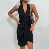 Sexy Sleeveless Halter Mini Dress Women Summer 2023 Fashion Black V Neck Off Shoulder Backless Fold Dresses Elegant Vestidos