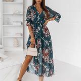 Summer Printed Long Dresses Women Sexy V Neck Ruffle Sleeves Lace Up Wrap Dresses Elegant Side Slit Loose Vestidos Streetwear