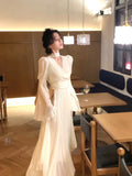 Zjkrl - Fairy Pure Color Midi Dress Woman French Elegant Evening Party Dress Long Sleeve 2023 Spring One Piece Dress Korea Fashion Chic