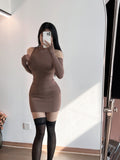 Zjkrl - Grape Purple High Neck Slim Body Mini Dress Women Hot Girls Sexy Slim Hip Wrap Dresses Long Sleeve Winter 8WOL