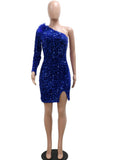 Zjkrl - Elegant Single Shoulder Feather Mini Dress Glitter Long Sleeve Sequins Short Party Dress Birthday Outfits Female Robes