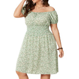 Plus Size 4XL Floral Print Dress for Women Off Shoulder Casual Elegant Midi Green Dresses 2023 Summer Autumn Loose Clothing