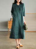 Summer New Women's Cotton and Linen Dress Loose Stitching Solid Color Cotton and Linen V-neck Five-point Sleeve Mid-length