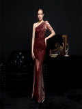 Zjkrl - Elegant One Shoulder Slit Gold Sequin Evening Dress 2023 Women Beads Party Maxi Dress