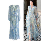 Vintage Painting Artistic Van Gogh Print Ruffles Chiffon Long Party Dresses Women Elegant High Waist A Line Casual Robes