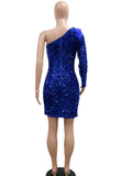 Zjkrl - Elegant Single Shoulder Feather Mini Dress Glitter Long Sleeve Sequins Short Party Dress Birthday Outfits Female Robes