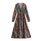 New 2023 Women Vintage Floral Print Casual Long Dress Cross V Neck Female A-line Spring Vestidos