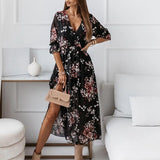 Summer Printed Long Dresses Women Sexy V Neck Ruffle Sleeves Lace Up Wrap Dresses Elegant Side Slit Loose Vestidos Streetwear