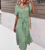 Zjkrl 2023 Summer Puff Sleeve Long Dress Women Elegant Printed V-Neck Maxi Dresses Boho Drawstring Loose Holiday Beach Dress