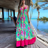 Zjkrl - Fashion Floral Printing V-neck Sling Bohemian Dress Casual Womens Loose Beach Dress Summer Sexy Halter Backless Long Party Dress