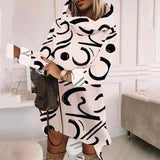 New Fall Loose Hooded Pullover Dress Elegant Pattern Print Pocket Long Sleeve Hem Mini Dress Women Casual Solid Sweatshirt Dress