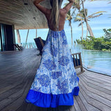 Zjkrl - Fashion Floral Printing V-neck Sling Bohemian Dress Casual Womens Loose Beach Dress Summer Sexy Halter Backless Long Party Dress