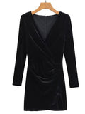 Zjkrl New Spring 2023 Women Long Sleeve V Neck Ruched Velvet Mini Dress Vintage Ladies Sexy Vestido